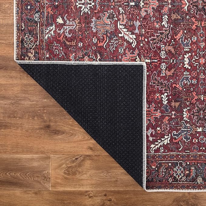 Bloom Rugs Washable Non-Slip 7 ft Runner - Burgundy Traditional Bordered Runner for Entryway, Hallway, Bathroom, and Kitchen - Exact Size: 2.5' x 7'