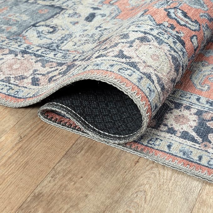 Bloom Rugs Washable Non-Slip 8' x 10' Rug - Coral/Blue Traditional Medallion Area Rug for Living Room, Bedroom, Dining Room, and Kitchen - Exact Size: 8' x 10'