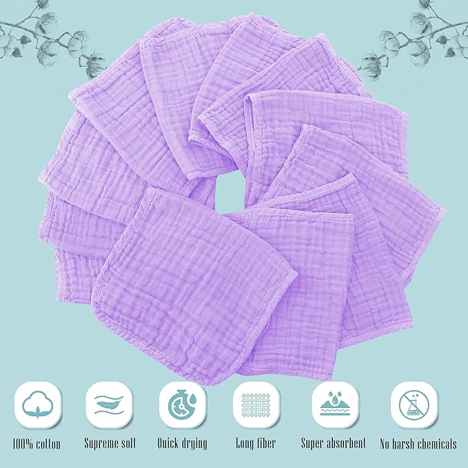 24 Pack Muslin Burp Cloths for Baby - Ultra-Soft 100% Cotton Baby Washcloths - Large 20'' by 10'' Super Absorbent Milk Spit Up Rags - Burpy Cloths for Unisex, Boy, Girl - Purple