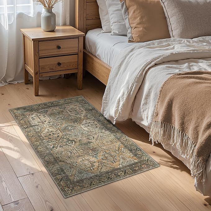 GENIMO 2x3 Area Rugs for Living Room, Machine Washable Non Slip Vintage Rugs, Low Pile Lightweight Chenille Print Rug for Bedroom, Dining Room, Home Office, Warm Taupe