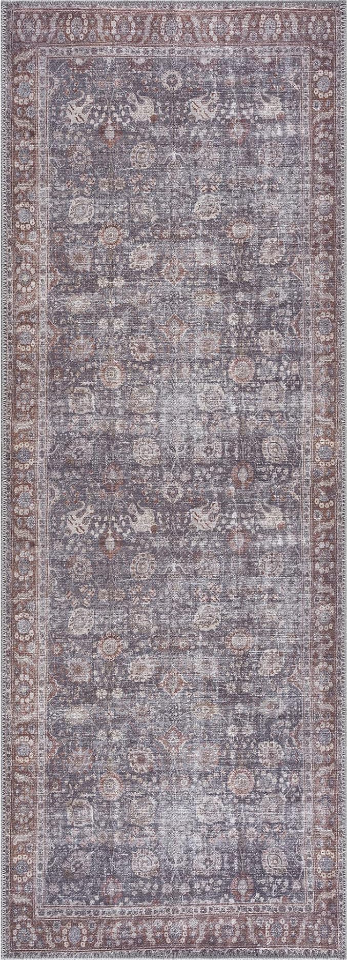 Bloom Rugs Washable 7 ft Runner - Brown/Dark Gray Traditional Runner for Entryway, Hallway, Bathroom, and Kitchen - Exact Size: 2.5' x 7'
