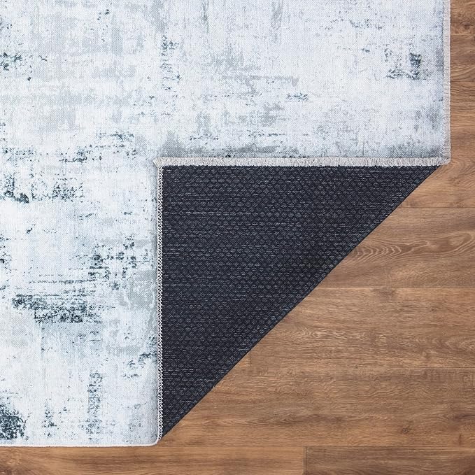 Bloom Rugs Caria Washable Non-Slip 10 ft Runner - Ivory/Silver/Blue Modern Abstract Runner for Entryway, Hallway, Bathroom, and Kitchen - Exact Size: 2'6" x 10'