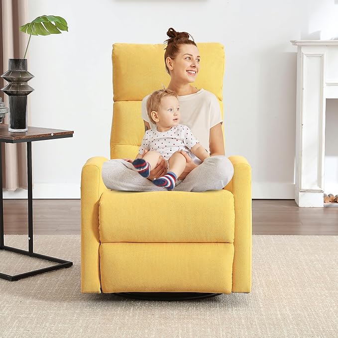 360° Swivel Rocking Chair for Nursery, Manual Glider Chair Nursing Chair with Side Pockets, Polyester Glider for Living Room, Heavy Duty Motion Mechanism, Yellow
