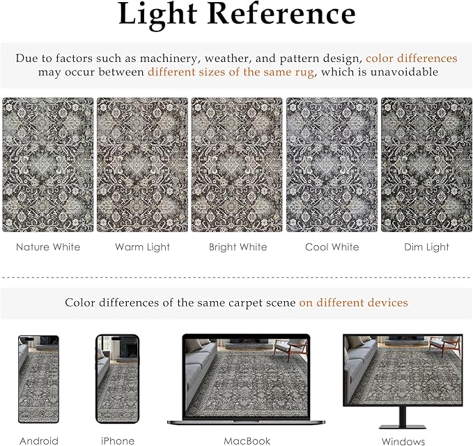 Vintage Area Rug 9x12 Black Washable Living Room Large Carpet Non Slip Bedroom Indoor Office Low Pile Traditional Distressed Retro Accent Rug for Dining Room