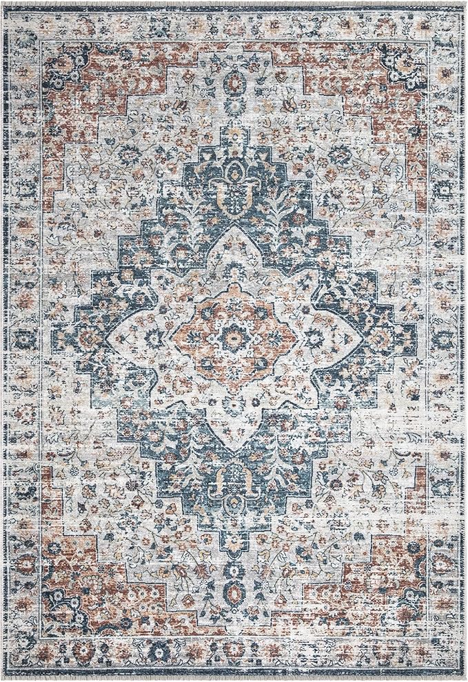 Bloom Rugs Caria Washable Non-Slip 4x6 Rug - Terracotta/Teal Traditional Area Rug for Living Room, Bedroom, Dining Room, and Kitchen - Exact Size: 4' x 6'