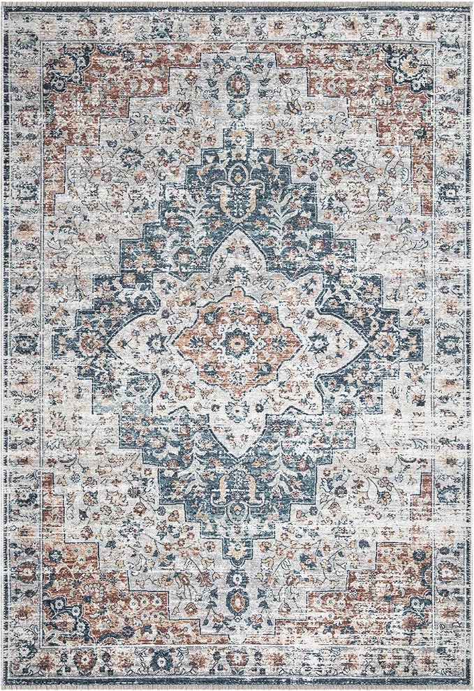 Bloom Rugs Caria Washable Non-Slip 3x5 Rug - Terracotta/Teal Traditional Area Rug for Living Room, Bedroom, Dining Room, and Kitchen - Exact Size: 3' x 5'