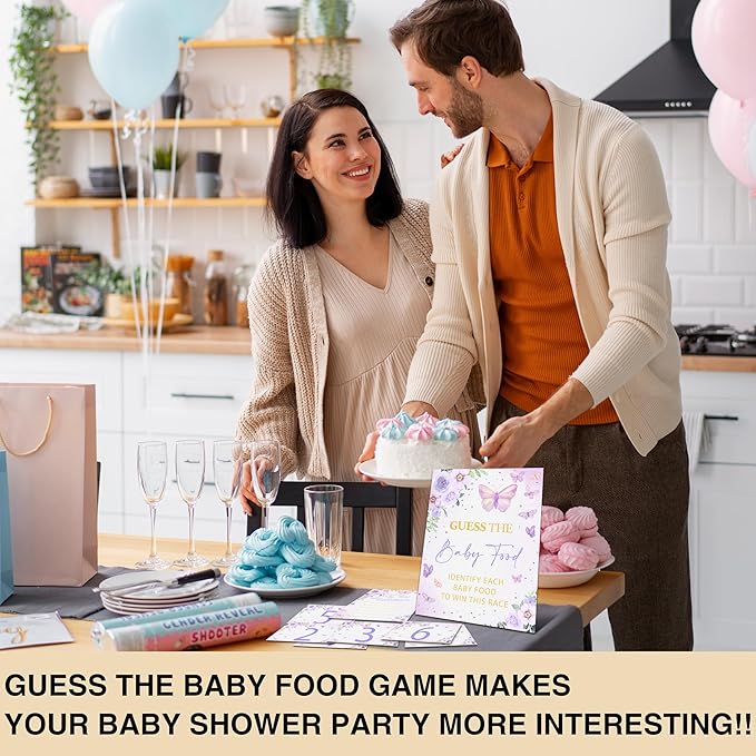 Guess the Baby Food Game Shower, 8x10 Inches Sign 25 Answer Cards and 6 Number Cards, Butterfly Kisses Shower Party Decorations Supplies Favors - C04