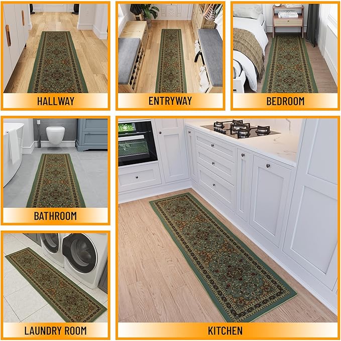 Ottomanson Hallway Runner Rug 1'10" x 7' Non Slip Oriental Area Rugs Easy to Clean Laundry Rug Runner Durable & Pet Friendly Floor Carpet Runners for Hallways Entryway Kitchen, Seafoam Green
