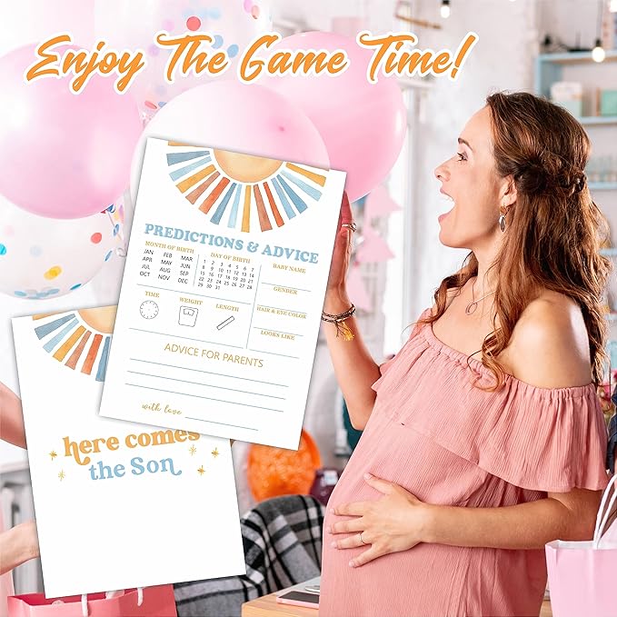 Retro Sunshine Predictions & Advice Baby Shower Game Kit - Here Comes The Sun - 30 Double-Sided Fill In Game Cards For Baby Shower, Gender Reveal Party Favor, Activity & Supplies - A02
