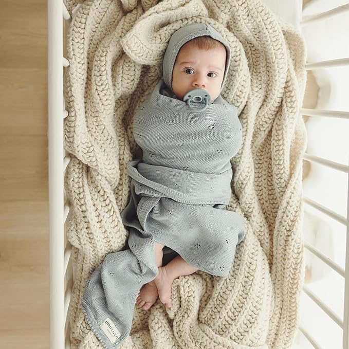 Organic Pointelle Receiving Swaddle Blanket for Girls - 100% Luxury Organic Soft Cotton Knit Warm Cozy Cuddle Stroller Crib Blanket for Newborns Infants & Toddlers (Mocha + Hat)