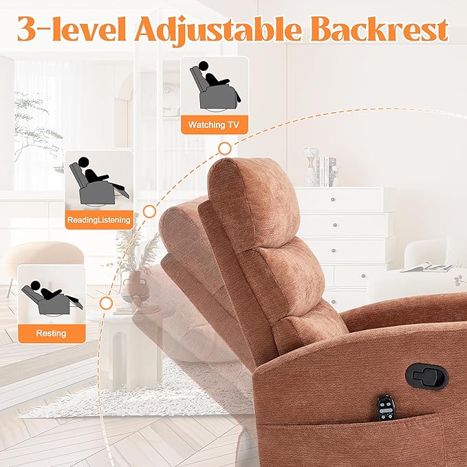 Manual Swivel Rocker Recliner Chair with Massage, Overstuffed Recliner Glider with Vibration Massage and Heat for Nursery, Living Room Reclining Sofa Chair, Fabric Orange