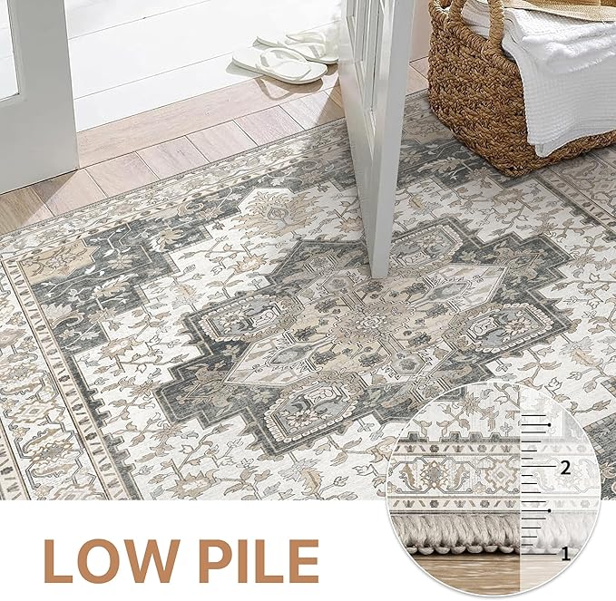 GENIMO 2x12 Runner Rugs for Hallway, Machine Washable Non Slip Vintage Rugs, Low Pile Lightweight Soft Print Rug for enrtyway, Corridor, Home Office, Kitchen, Heathered Grey