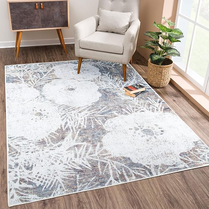 Bloom Rugs Washable Non-Slip 8' x 10' Rug - Tan/Brown/Blue Modern Floral Area Rug for Living Room, Bedroom, Dining Room, and Kitchen - Exact Size: 8' x 10'