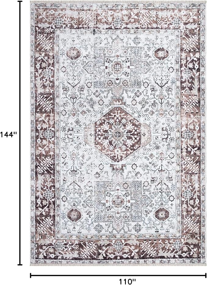 Bloom Rugs Caria Washable Non-Slip 9x12 Rug - Beige/Brown Traditional Area Rug for Living Room, Bedroom, Dining Room, and Kitchen - Exact Size: 9' x 12'