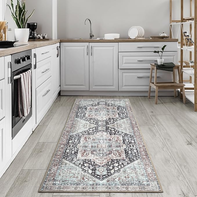 Bloom Rugs Washable Non-Slip 10 ft Runner - Charcoal/Brown Traditional Medallion Runner for Entryway, Hallway, Bathroom, and Kitchen - Exact Size: 2.5' x 10'