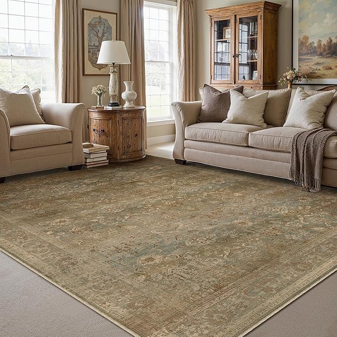Vintage Area Rug 8x10 Washable Brown Living Room Carpet Large Indoor Non Slip Bedroom Low Pile Kitchen Distressed Retro Accent Throw Rug for Dining Room