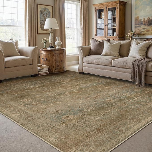 Vintage Area Rug 6x9 Washable Brown Living Room Carpet Large Indoor Non Slip Bedroom Low Pile Kitchen Distressed Retro Accent Throw Rug for Dining Room