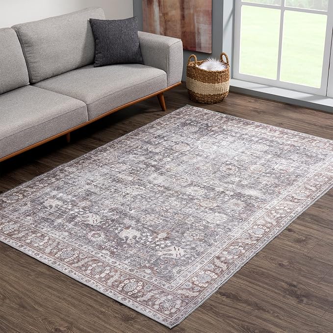 Bloom Rugs Washable 6' x 9' Rug - Brown/Dark Gray Traditional Area Rug for Living Room, Bedroom, Dining Room, and Kitchen - Exact Size: 6' x 9'