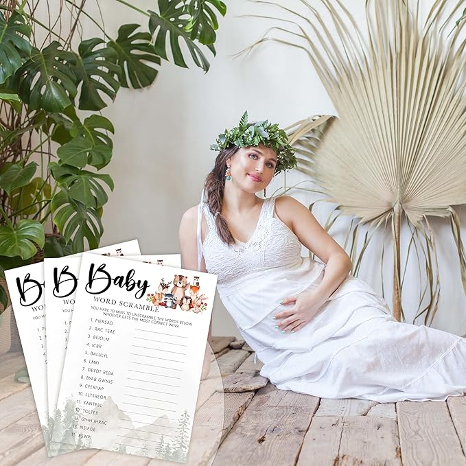 Baby Shower Games for Girl, 30 Safari Animals Baby Word Scramble + 1 Answer Card, Woodland Gender Reveal Party Decorations Supplies Favors - C07