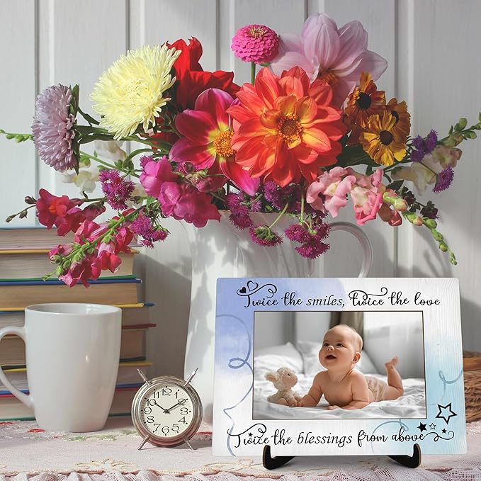 Twins Baby Pictures Frame, Watercolor Baby Photo Frame with Stand, Twins Gifts for Babies, New Baby Gifts For New Mom Dad, Home Living Room Bedroom Decoration -a72