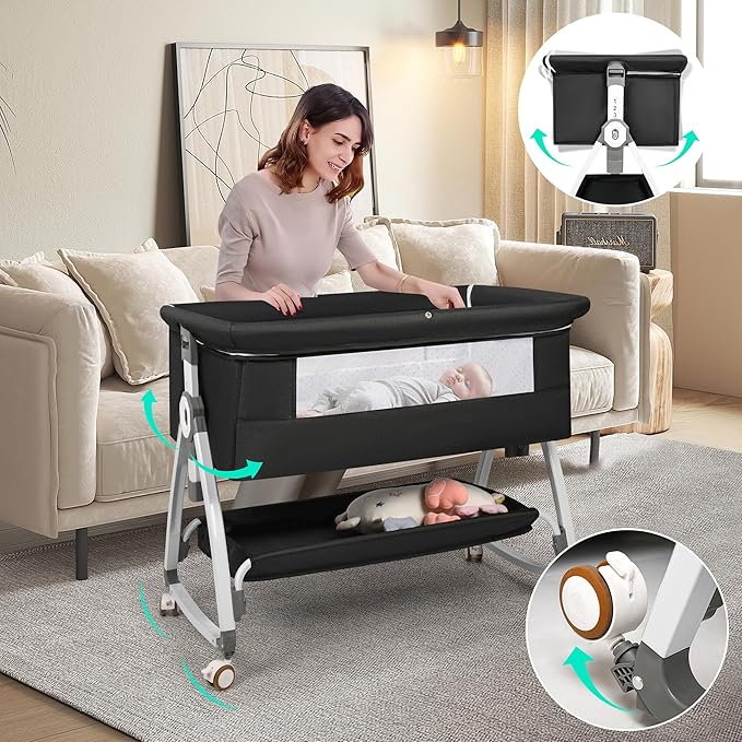 VOOI Baby Bassinet Bedside Sleeper, 3 in 1 Rocking Bassinet for Baby, Bassinet Bedside Sleeper with Wheels, Adjustable Height, Storage Basket, Mattress & Canopy, Bed Side Bassinet for Newborn