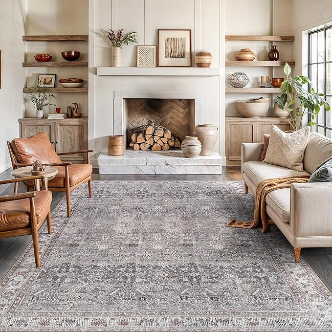 Bloom Rugs Washable Non-Slip 8' x 10' Rug - Gray Traditional Bordered Area Rug for Living Room, Bedroom, Dining Room, and Kitchen - Exact Size: 8' x 10'