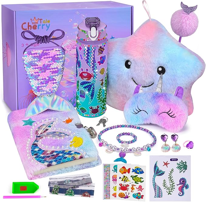 Cherry Tale Mermaid Toys Gifts for Girls 4-6 7 8 9 10 Years Old, Girls Birthday Gifts Set with Light Up Star Pillow Diary Plush DIY Water Bottle Kits, for Daughter Niece Christmas