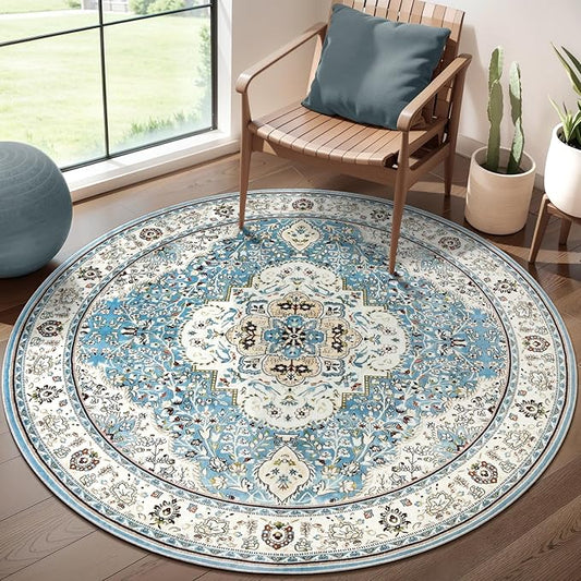 Ciicool Washable Area Rug Round 4’x4’ Boho Bedroom Rug Non-Slip Oriental Entry Throw Rug Low-Pile Indoor Floor Carpet for Living Room Laundry Foyer Decor (Vintage Blue)