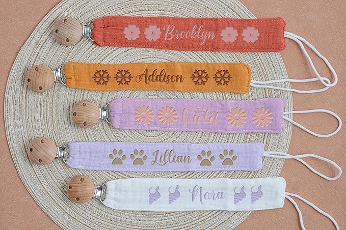 Custom Boho Pacifier Clip Holder with Embroidered Name – A Perfect Personalized Baby Baptism Gifts in Eco-Friendly Bamboo! (Grass Green)