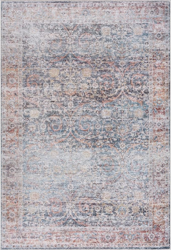 Bloom Rugs Caria Washable Non-Slip 5x7 Rug - Ocean Blue/Brick Traditional Area Rug for Living Room, Bedroom, Dining Room, and Kitchen - Exact Size: 5' x 7'