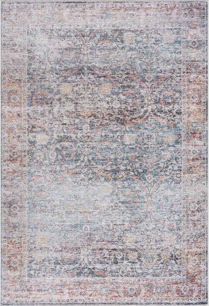 Bloom Rugs Caria Washable Non-Slip 8x10 Rug - Ocean Blue/Brick Traditional Area Rug for Living Room, Bedroom, Dining Room, and Kitchen - Exact Size: 7'8" x 10'