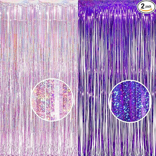 BRAVESHINE 1 Purple 1 Pink Streamers Party Photo Backdrop - 3.2 ft x 8.2 ft Metallic Tinsel Foil Fringe Curtains for Valentine’s Day/Women Birthdays/Engagement/Bridal Shower/Bachelorette Decorations