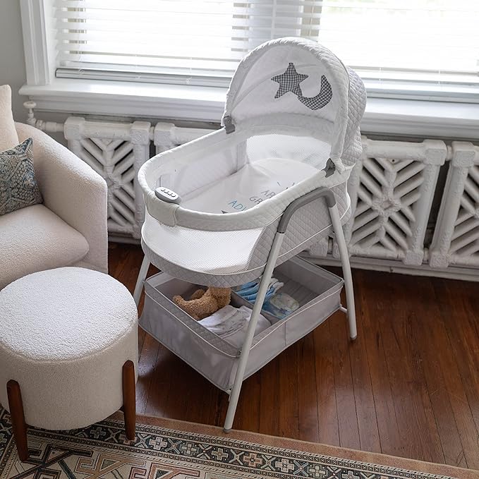Journey 2-in-1 Convertible Infant Bassinet, Classic Design Baby Crib Sleeper with Storage, Comforting Vibrations, Soothing Lullabies, and Nature Noises (Soft Grey)