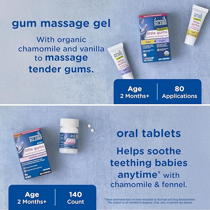 Mommy's Bliss Organic Little Gums Soothing Massage Gel & Oral Tablets Day and Night Combo, Age 2 Months+, Sugar Free, Mild & Sweet Flavor| 2-0.53 Oz Tubes + 1 Bottle (140 Tablets)