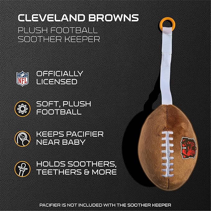 Cleveland Browns Plush Football Pacifier Holder by Smilo - Officially Licensed NFL Soother Holder - Soft Plush Toy and Dummy Holder - Fits Any Pacifier - Stroller Accessory & Newborn Essential