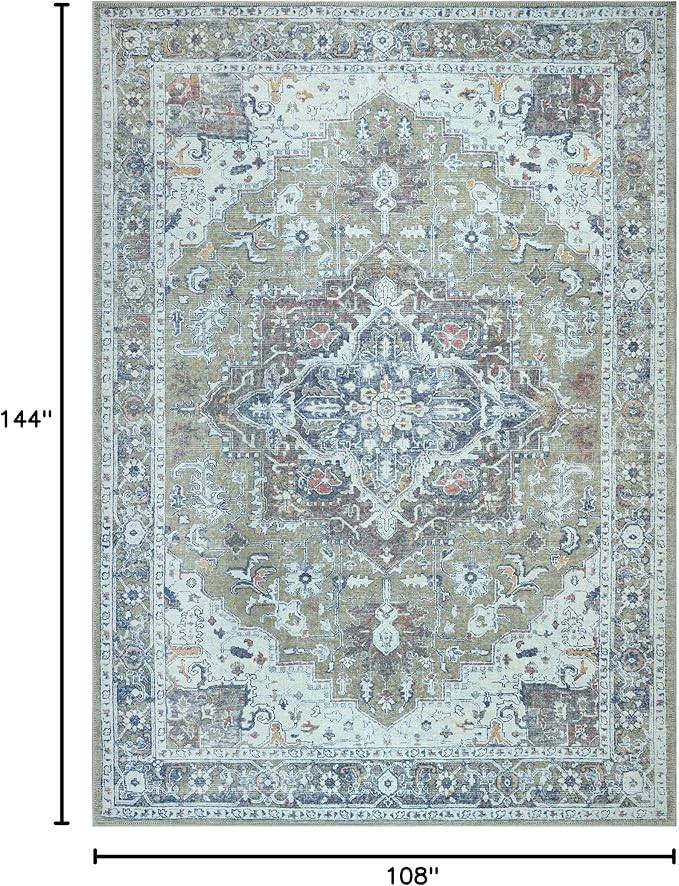 Bloom Rugs Washable Non-Slip 9' x 12' Rug - Green/Blue Traditional Medallion Area Rug for Living Room, Bedroom, Dining Room, and Kitchen - Exact Size: 9' x 12'