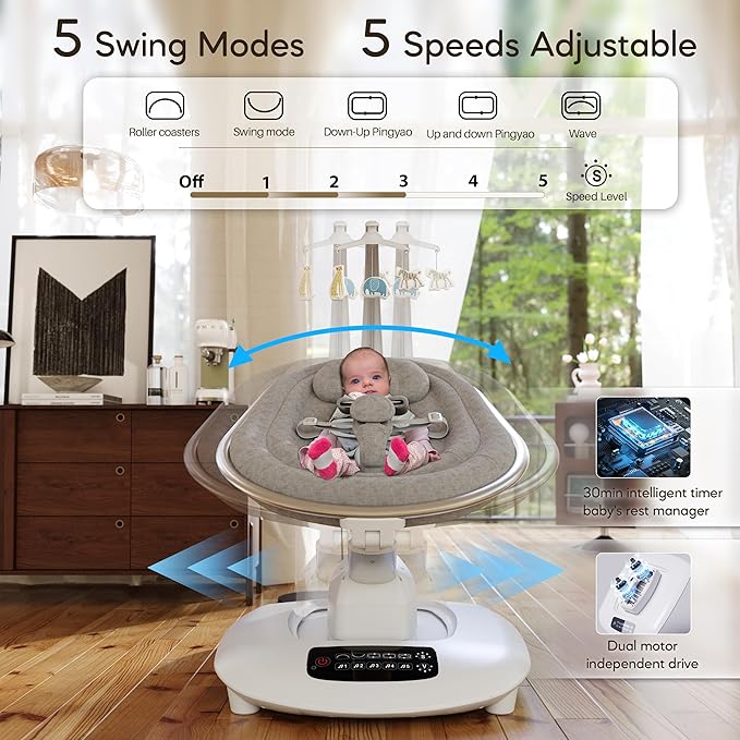 AMKE Luxury Electric Baby Swing for Infants - 5 Swing Motions, Quiet 45dB Motor, Touchscreen Control Panel Adjustable Recline, 5 Buit-in Songs - Newborn Rocker with Detachable Toys
