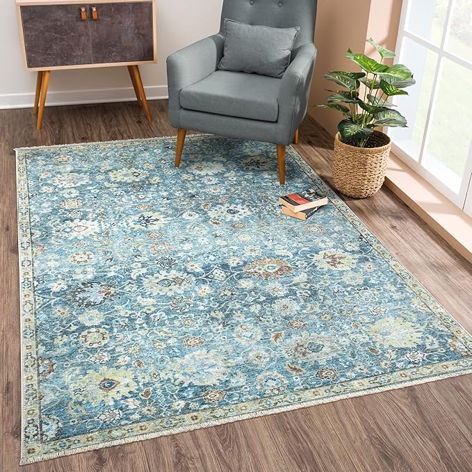 Bloom Rugs Caria Washable Non-Slip 3x5 Rug - Blue/Beige Traditional Area Rug for Living Room, Bedroom, Dining Room, and Kitchen - Exact Size: 3' x 5'
