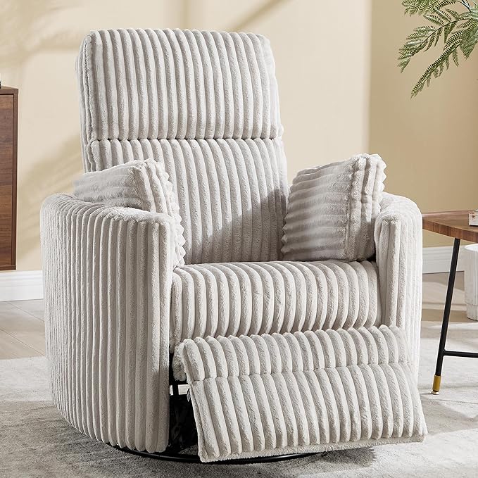 Recliner 360°Swivel Glider Rocking Manual Multifunction with Upholstered Nursery Adult Recliner Rocking Chair with 2 Pillows for Living Room Bedroom(LIGHTGREY Corduroy, Manual Operation)