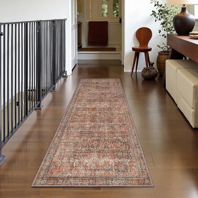 GENIMO 2x6 Runner Rugs for Hallway, Machine Washable Non Slip Vintage Rugs, Low Pile Lightweight Soft Print Rug for enrtyway, Corridor, Home Office, Kitchen, Terracotta Indigo