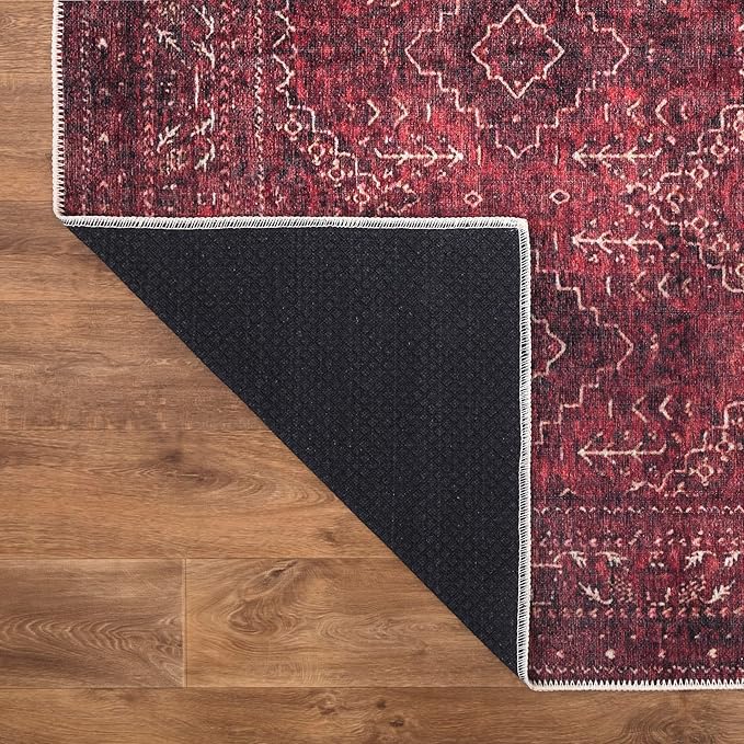 Bloom Rugs Washable Non-Slip 10 ft Runner - Dark Red Traditional Bordered Runner for Entryway, Hallway, Bathroom, and Kitchen - Exact Size: 2.5' x 10'