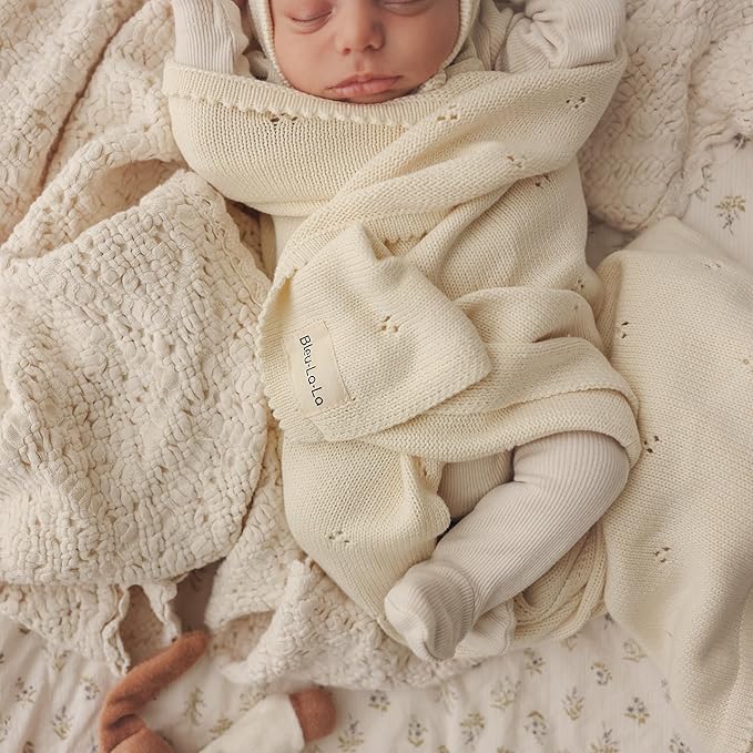 Organic Unisex Pointelle Receiving Swaddle Blanket for Boys & Girls - 100% Luxury Organic Soft Cotton Knit Warm Cuddle Stroller Blanket for Newborns, Infants, & Toddlers (Butter Cream)