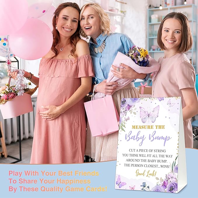 Measure the Baby Bump Baby Shower Game Set, 1 Standing Sign with 50 Guessing Cards, Butterfly Gender Reveal Party Decorations Supplies - B02
