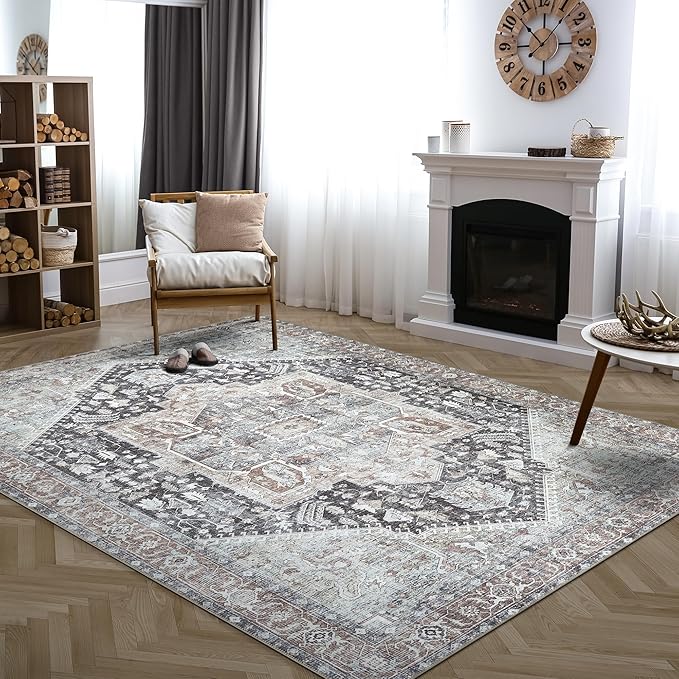 Bloom Rugs Washable Non-Slip 9' x 12' Rug - Charcoal/Brown Traditional Medallion Area Rug for Living Room, Bedroom, Dining Room, and Kitchen - Exact Size: 9' x 12'
