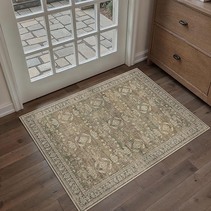 2x3 Brown Area Rug Washable Vintage Distressed Carpet Low Pile Entryway Door Mat Non Slip Indoor Soft Small Retro Entrance Throw Accent Rug for Kitchen Bathroom Bedroom Dining Living Room