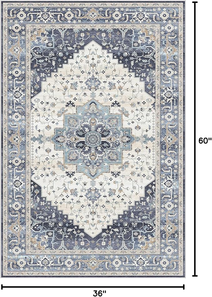 Dripex Vintage Washable Area Rug - 3x5 Entryway Rug for Indoor Door Mat Low-Pile Non-Slip Bedside Rug Bedroom Oriental Medallion Floral Print Carpet Soft Accent Rug Farmhouse Office Home Decor