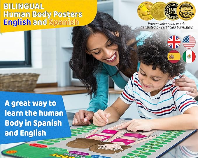 Bilingual Human Body Model for Kids – Interactive Human Anatomy for Kids with Games & Quizzes – Educational Posters for Learning Body Parts, Bones & Organs. English and Spanish for Kids.