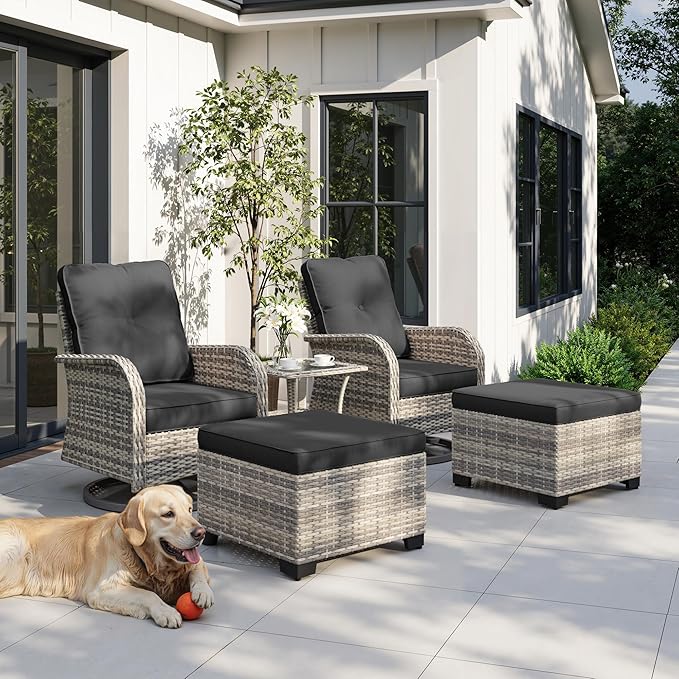 5-Piece Small Patio Furniture Set, Outdoor Swivel Rocking Chairs Set with Ottomans, Patio Bistro Set for Balcony, Deck, Porch, Black