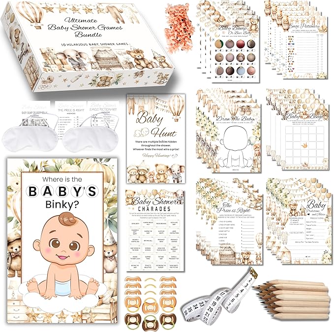 Baby Shower Games - 10 Hilarious Games for 25 Guests | Includes Mini Hunt, Mommy Belly Measure, Card Games, Charades, Pin The Pacifier, and More!