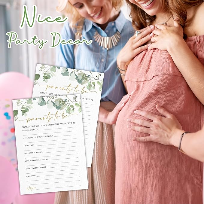 Parents To Be Advice Baby Shower Game Cards - Golden Greenery - 30 Double-Sided Fill In Style Game Cards For Gender Reveal, Baby Announcement, Party Games & Activity - D08